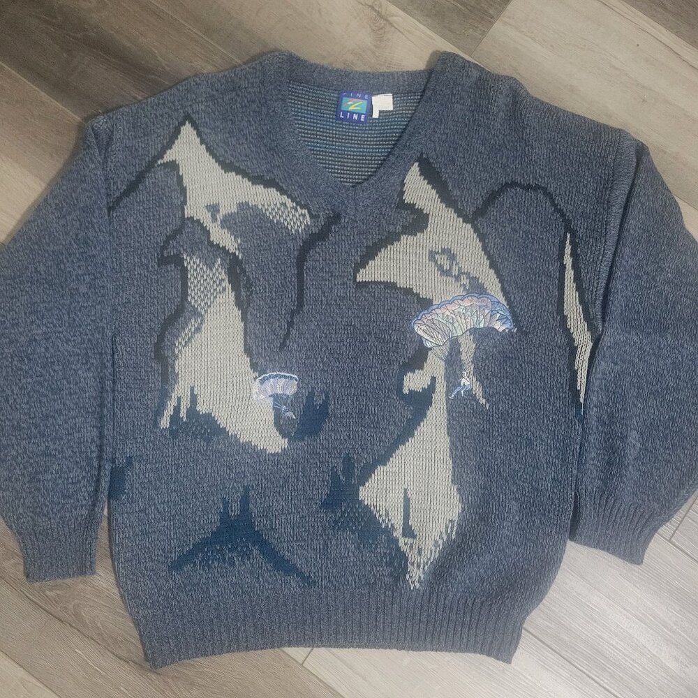Vintage 90s Fine Line Sweater Large Mountains Paragliders Nature Scene Novelty